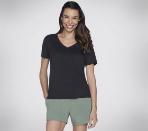 Black Skechers Go Dri Serene V-neck Top Women's T-Shirt | VWZU-32187