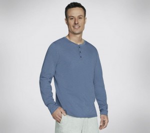 Blue Skechers Skech-breeze Slub Long Sleeve Henley Men's Top | ZJMG-40763