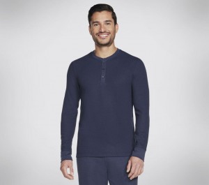 Navy Skechers Go Knit Waffle Henley Men's Top | XKMB-98217