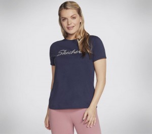 Navy Skechers Metallic Logo Women's T-Shirt | TEDC-85491