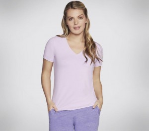 Pink Skechers Go Dri Serene V-neck Top Women's T-Shirt | WRTK-16934