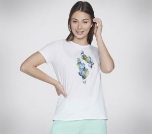 White Skechers Butterfly Shadow Diamond Women's T-Shirt | MCHJ-39458