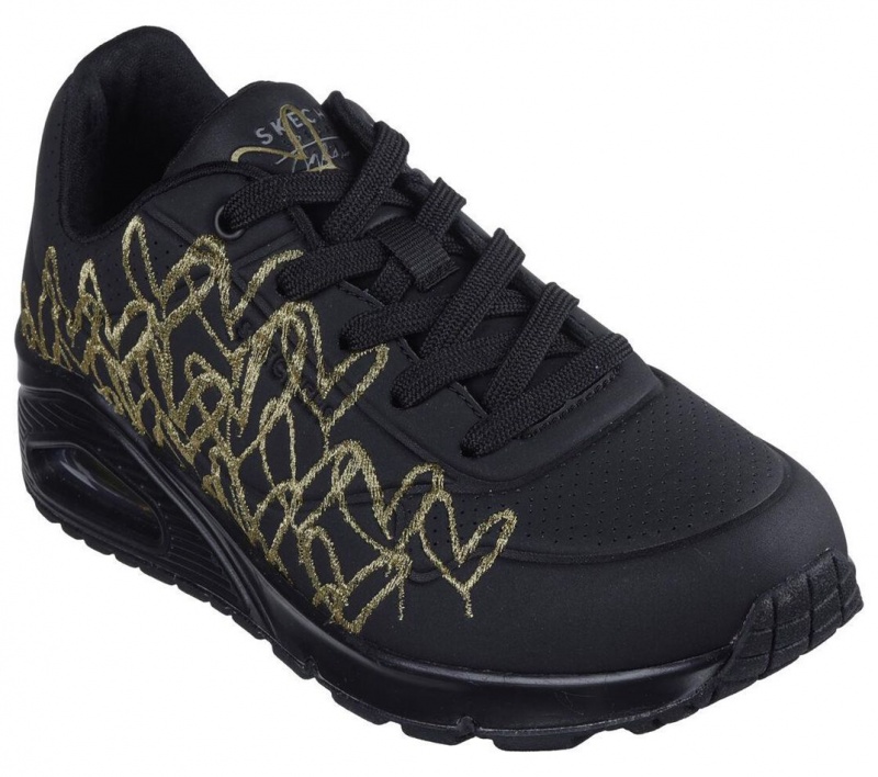 Black Skechers Jgoldcrown: Uno - Golden Heart Women's Sneakers | AIFG-04581