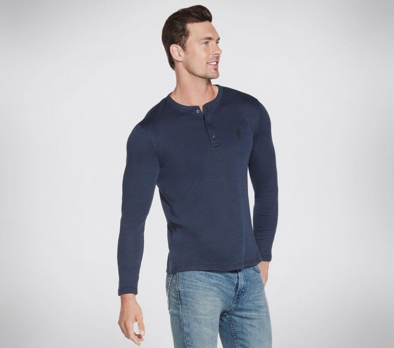 Navy Skechers Apparel Goknit Pique Henley Men\'s Top | RGNY-48067