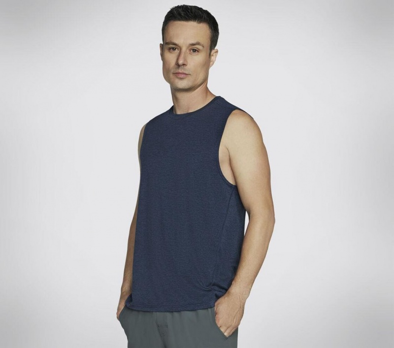 Navy Skechers Go Dri Charge Muscle Men\'s Tank Top | JTVS-78135