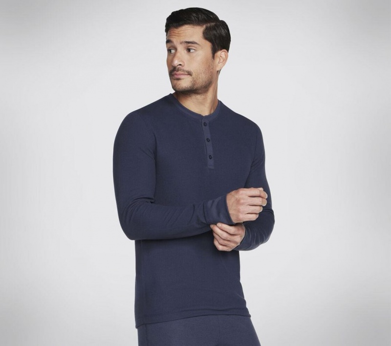 Navy Skechers Go Knit Waffle Henley Men's Top | XKMB-98217