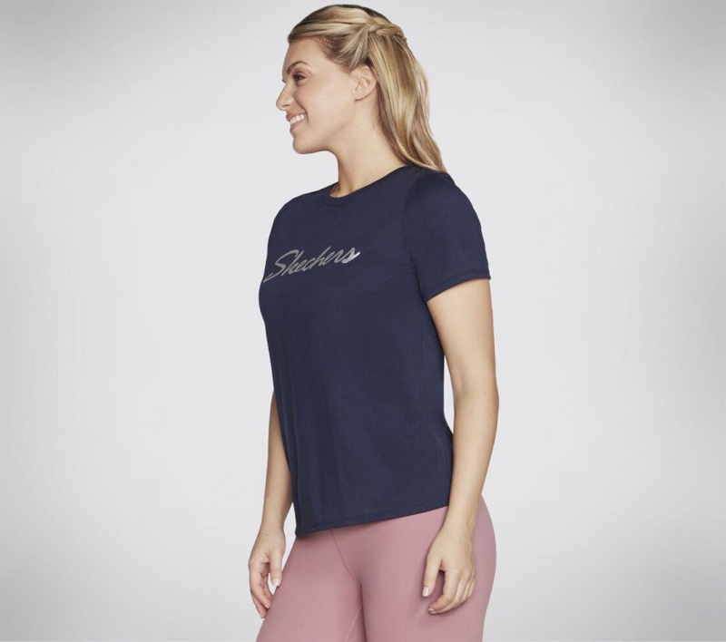 Navy Skechers Metallic Logo Women's T-Shirt | TEDC-85491