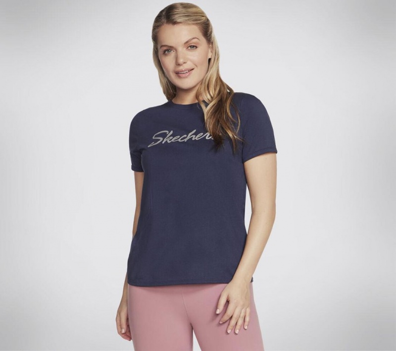 Navy Skechers Metallic Logo Women\'s T-Shirt | TEDC-85491