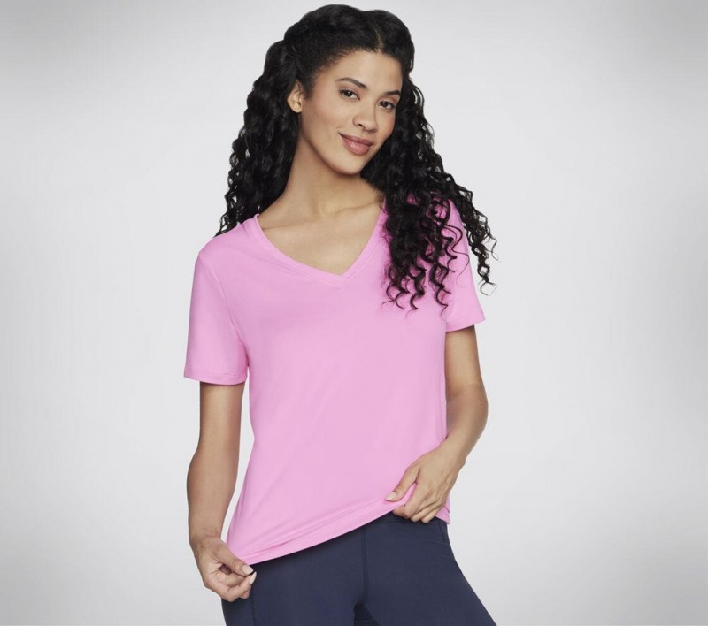 Pink Skechers Go Dri Serene V-neck Top Women\'s T-Shirt | ZJUR-24976