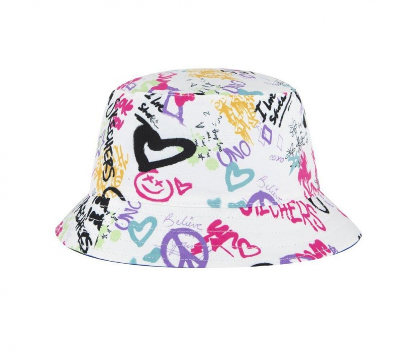 White Skechers Uno Graffiti Bucket Women's Hats | NMTR-20693